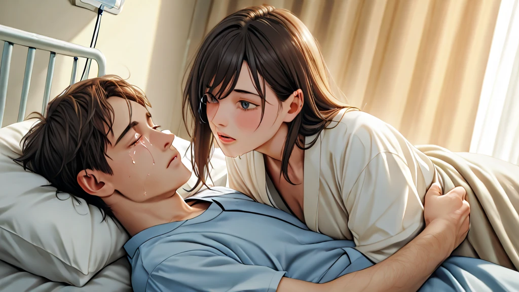 A Japanese female anime character and a handsome man got married.
The woman became pregnant..
My water broke at home.
The woman is in pain and can only make sounds like crying and sobbing..
give birth to a child.