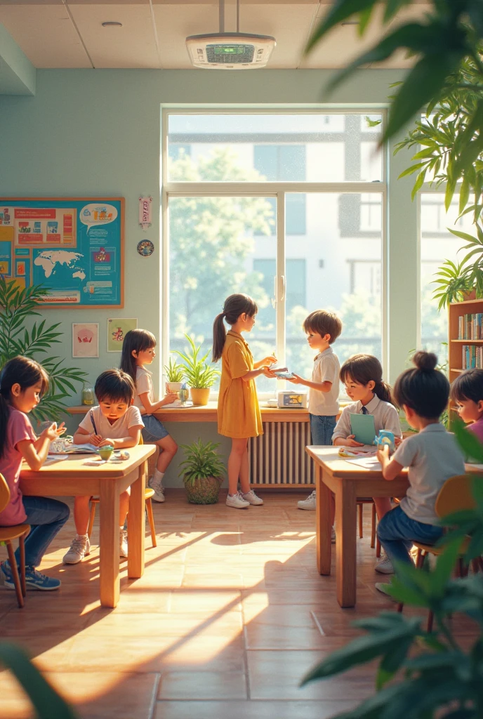 Inside a sunny classroom,There are 4 children with different images,Including 2 boys,2 girls,They are greeting each other。The classroom has neat toddler deskA basketball,A blackboard,There is carpet on the floor。The scene is depicted in the style of watercolor,There are no cluttered items in the picture。