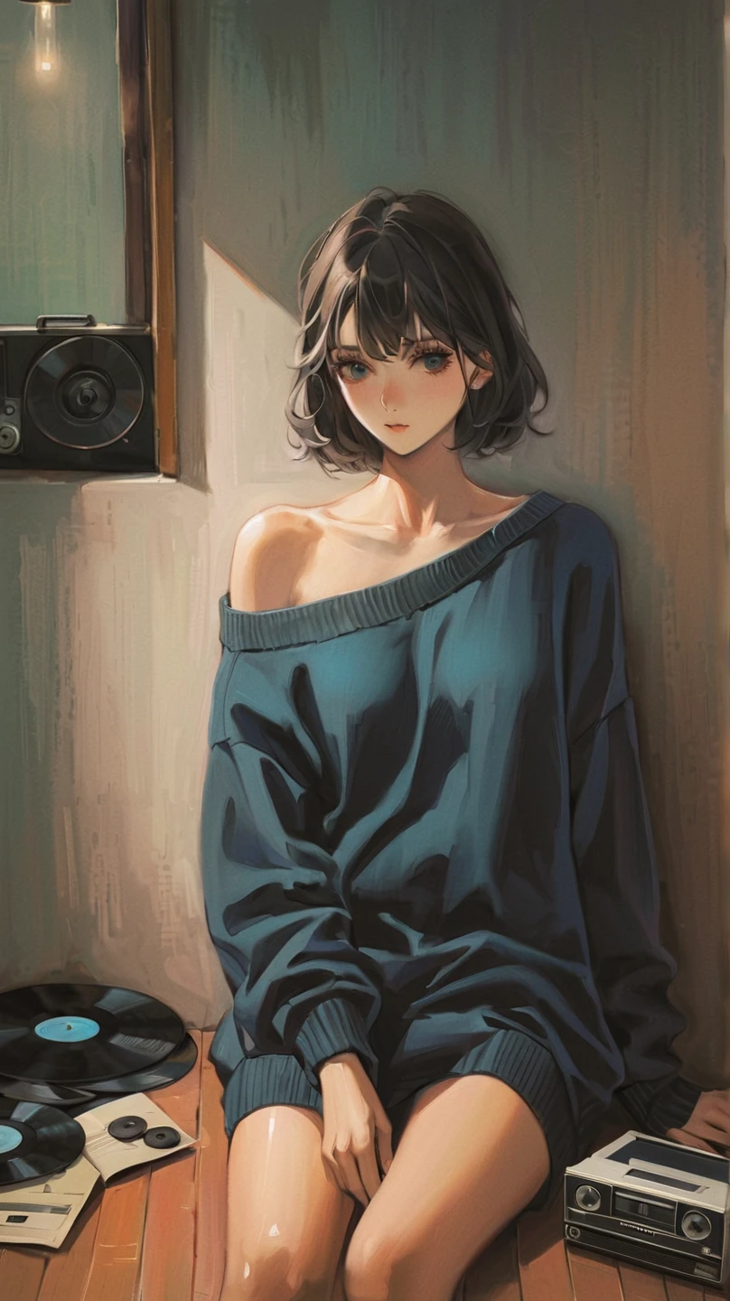 (NSFW), gros seins,(Masterpiece), Best quality, Extremely detailed, (aquarelle), fleurir, delicate and beautiful, illustration, (from below),(1fille:1.4), femme arabe, (seulement:1.2), gros seins, (ribbed sweater:1.3), (short shorts:1.2), bare shoulders, (underboob), ((dark skinned:0.8)), beaux yeux bleu saphire, (disheveled hair ), long cheveux noir, photographie, over shoulder shot, par Alex Maleev, professionnel, Appareil photo Canon, Appareil photo Nikon, tranchant, Bokeh, studio quality, Lentille fisheye, par Robert Capa ,