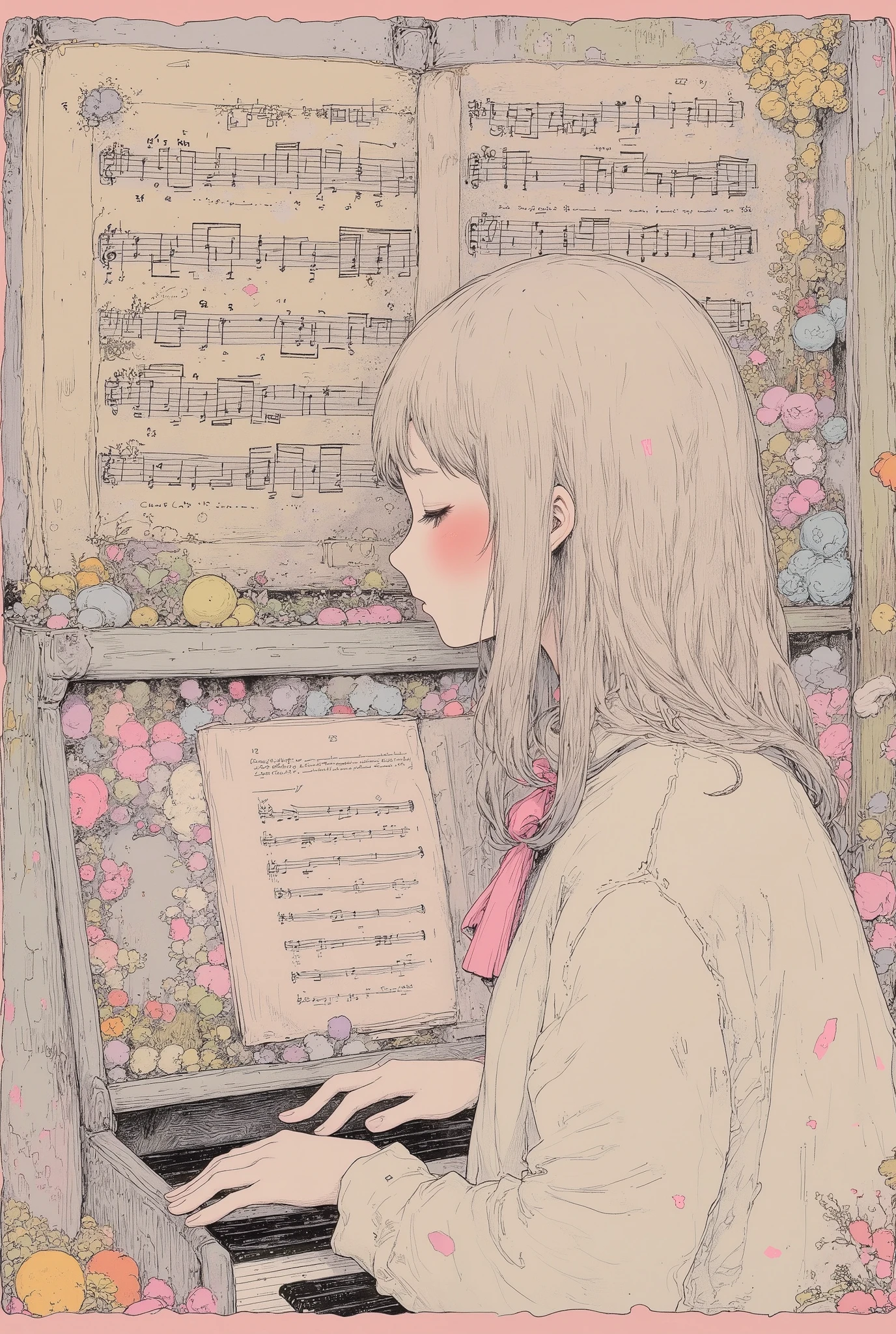 ((She plays the piano. She's looking at the music score.)), (((profile))), side view, from side, quality, High Definition model, high detail, (((The textures are soft))), ((matte and toy-like with a handmade premium look)), (((Tim Burton style))), beautiful woman, perfect body, anime style, simple lines, soft silver medium length hair, (intricate details:1.1), beautiful detailed, beautiful hair, 1girl, japanese, blush, ((five fingers)), Anatomically correct,