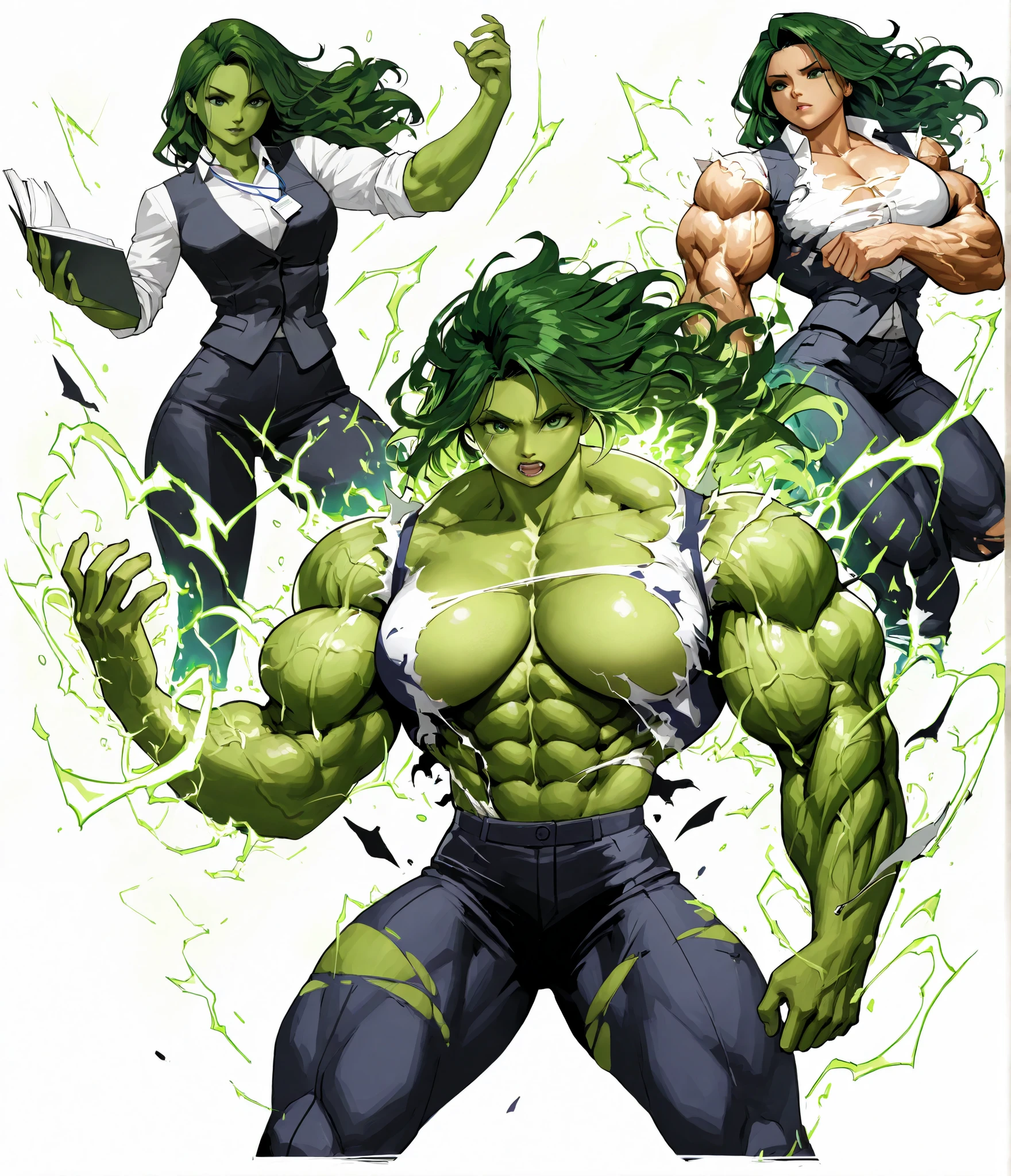 best quality, masterpiece, ultra-detailed, 8k resolution, She hulk transformation sequence, Jennifer Walters turning into She-Hulk, muscular , glowing energy effects, torn clothing, dynamic pose, white background, cinematic lighting, detailed anatomy, dramatic atmosphere, high contrast, sharp focus, no blur, comic book style, vibrant colors, torn clothes,(hyper muscle),office lady