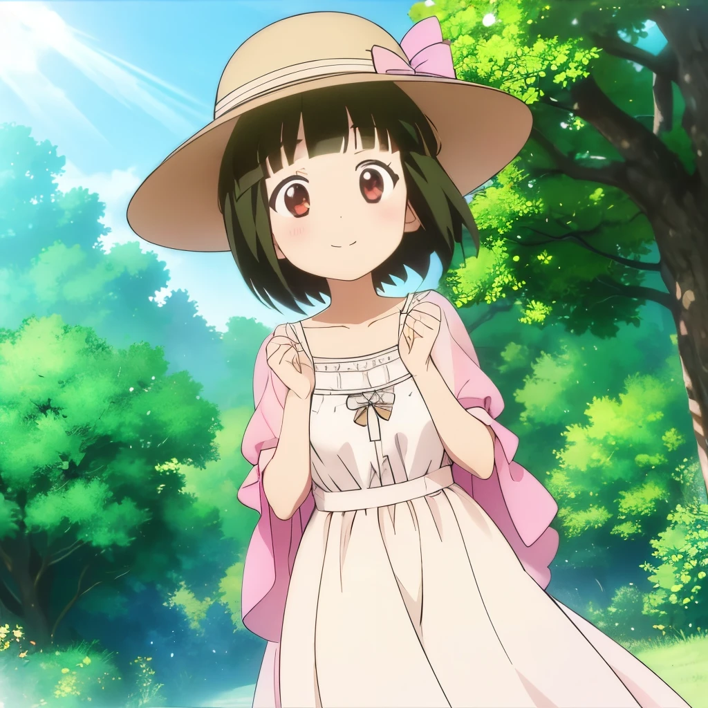 A girl wearing a hat looks towards the sky and covers her hands from the sunlight, a beautiful and long spring dress, bright and vibrant colors, smiling in surprise, a close scene, beautiful details, beautiful and clear eyes