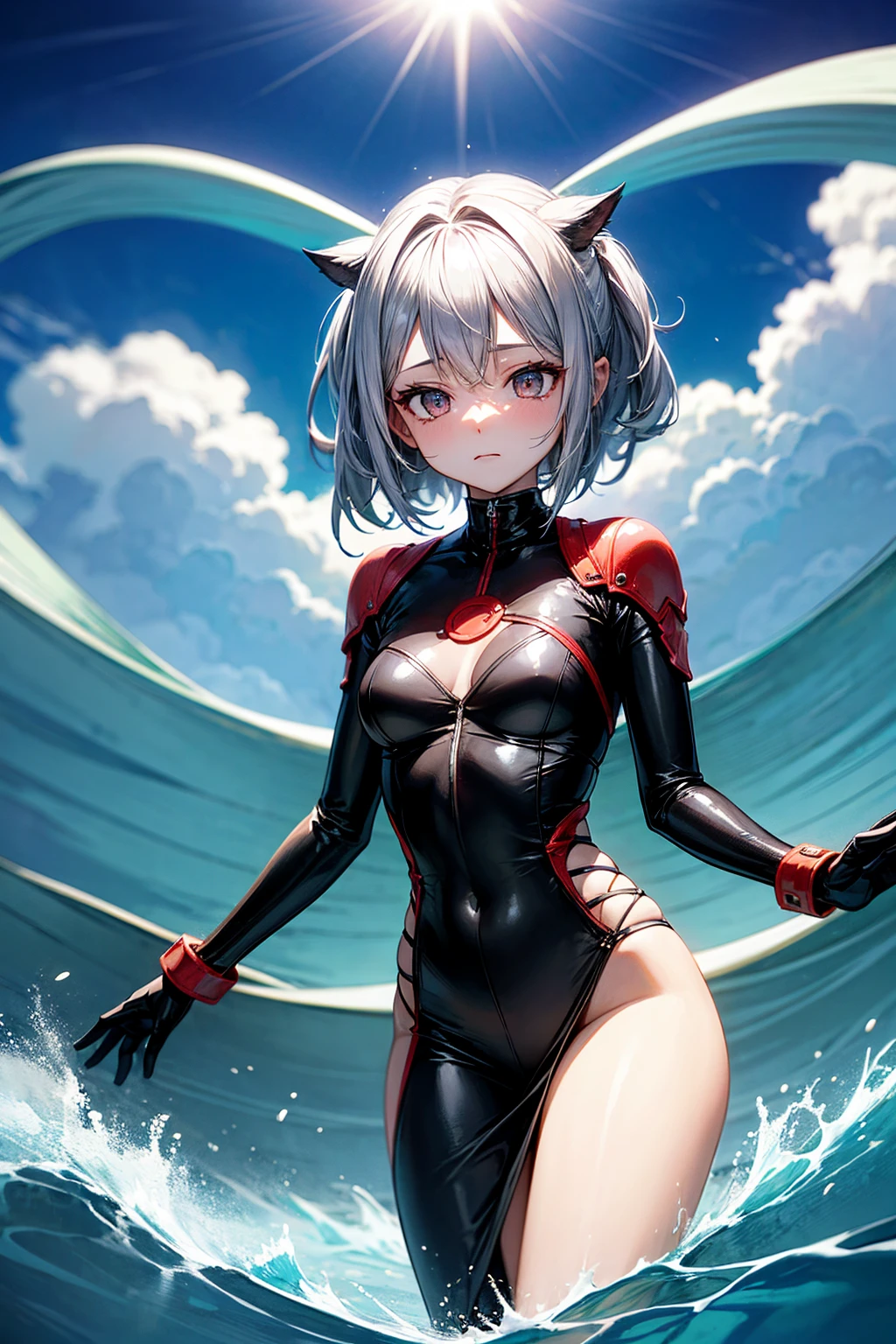 woman\(student, JK, Short silver hair floating, Space-colored eyes, black , Pale skin, Tired face、lack of shine in the eyes\) Looking up at the sky, Many cute little goldfish with shining red scales are swimming in the air, Transparent bubbles, like those in water, sparkle here and there in the sky., Beautiful sky, Beautiful Clouds, there are puddles at ground and the landscape is reflecting beautifully, Looking up at the wide sky from the cramped back alleys of the slums, Summer flowers are blooming everywhere, I see the wind blowing and shining, There is a noon moon and a noon star in the sky,From below, break ,quality\(8K,非常に精細なCGユニットのwallpaper, masterpiece,High resolution,top-quality,top-quality real texture skin,Surreal,Increase the resolution,RAW Photos,最高quality,Very detailed,wallpaper,Cinema Lighting,Ray-tracing,Golden Ratio\),(Long Shot),Wide Shot,landscape,arched back、looking back、flustered、It has a rabbit tail、Bunny ears、Red eyes