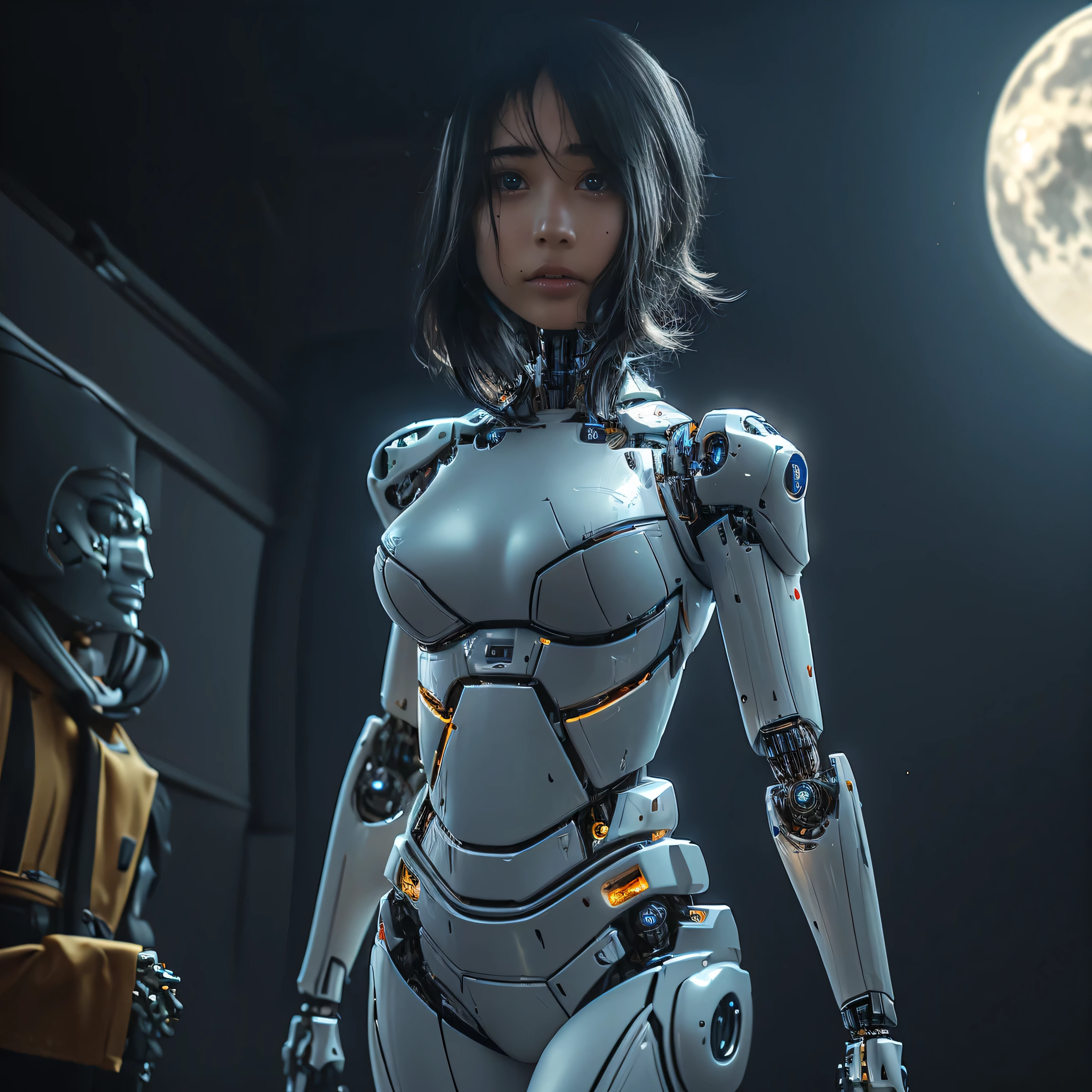 intelligent bionic robot, 2 women’s heads, woman, cyborg robot parts, microchip, Bright studio, hyperrealism, high detail on the face, delicate details, soft writing, rimlight, Rendered by Octane, Unreal Engine 5 rendering, Mechanical Public Enemy Style, 16k, best image quality, TESTIFIES, white balance on the lunar surface, High key lighting, for a soft and graceful atmosphere, Ultra A High Resolution, Big Breasts Machine, cyberpunk, ((((flying)))), In production, Battle Angel Alita, ((((big smile)))), ((((wide thigh opening with both thin long legs)))), ((((Head of a age kawaii Japanese idol)))), ((((short pixie cut)))), ((((A cyborg with a humanoid precise mechanical robotic pure ultimate pure gold metal most one and only muscular skinny tight body from the neck down)))), (huge metal breast), ((((extremely thinnest mechanical waist)))), ((((precise mechanical robotic arms and hands and super long neck)))), ((((pure gold hair)))), ((((vigorous)))), ((((boyishly)))), ((((full body)))), ((((Ultra hires)))), ((((master piece)))), ((((best quality)))), ((((detailed)))), ((((photo realistic)))), ((((There are several holes in the fuselage that were drilled by gun fire))))
