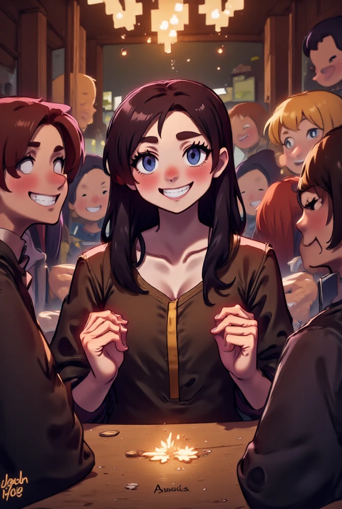 （Best quality at best，tmasterpiece））， one-girl，Multiple customers，The name of the tavern is the Light Picking Bistro，The customer looked at the girl and smiled，The girl looked at the camera and smiled，Girls wear smart clothes，The background is night，Indoors，In an English tavern，The girl is a bartender，Girl with wine glass