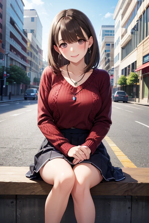 Anegasaki Nene, shiny brown hair, beautiful brown eyes, smiling face, sparkling pupils, (fine grain), highly detailed eyes, highly detailed face, highly detailed eyes,, (masterpiece:1.2, best quality), ((only1 girl)), cowboy shot,
masterpiece, best quality, a woman wearing a red sweater and skirt sitting down on stage of an outside building, 1 girl, full body, Alone, skirt, sweater , stage, sitting, necklaces, smile, hold your knees and open, floral print skirt, thigh clothes, head tilt, black skirt, lips,