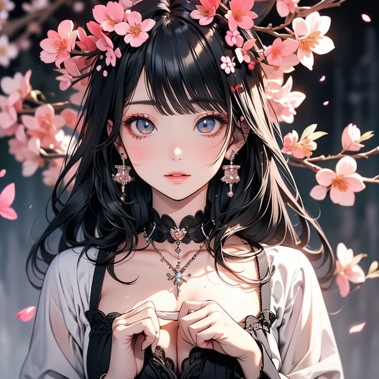 detailed eyes, detailed face,detailed hands, sidelighting, finely detailed beautiful gray eyes: 1.2), medium breast, realistic, glowing eyes,shiny hair,black hair,long long hair, lustrous skin, solo, embarassed,Strapless,exquisite,beautifly,garden,flowers,flying petals, bare legs, cherry blossom, cinematic light, cinematic composition, abundant expressions, full body