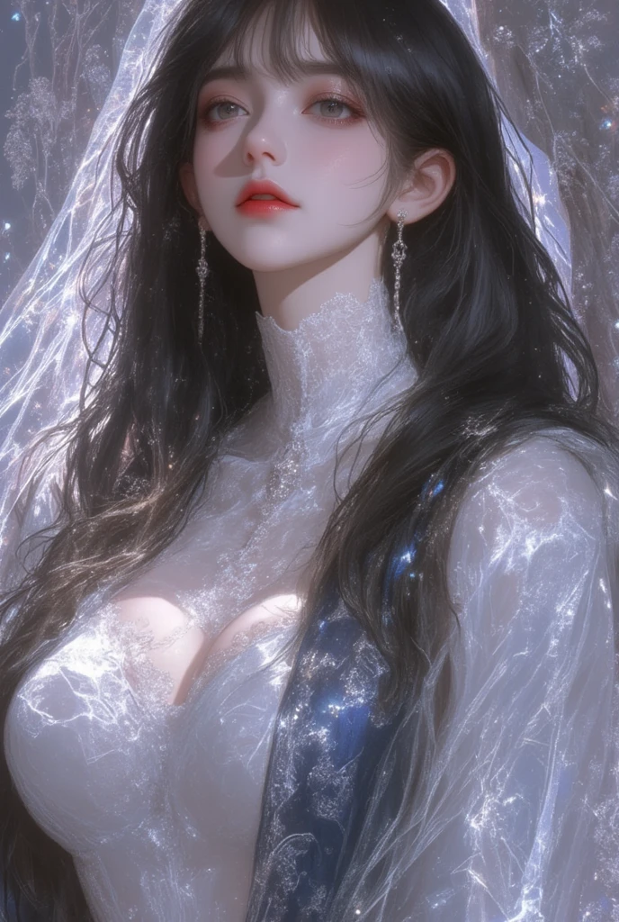 beauty,pride,Japanese vampire girl,Charming eyes,blush,magic horn,Revealing blood sucking teeth,Smile,Long hair flowing around the waist（silver）,White sexy lingerie,Large Breasts,long legs,white thunder stockings,Half lying on the bed of noble beauty，Appearance,