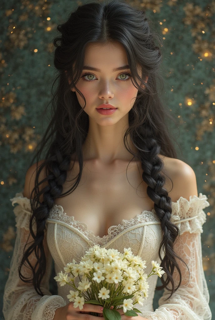 Perfect face, red lips, green eyes,long brown hair with very long dark brown hair, plaits hairstyles, wearing a black wedding dress, with white veil, curvy body,big chest, stting in the room with flowers,realisian proportions, good proportions