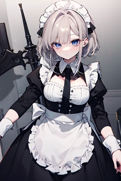 whole body, sickly maid, bloody axe, mansion, hall, absurdres, RAW photo, extremely delicate and beautiful, masterpiece, Best Quality, ultra high resolution, 32k, hyperrealistic, ultra-detailed description, pale skin, 20 years old, detailed beautiful face and eyes, tearful mole, earring, Colossal tits, short medium wavy hair, 