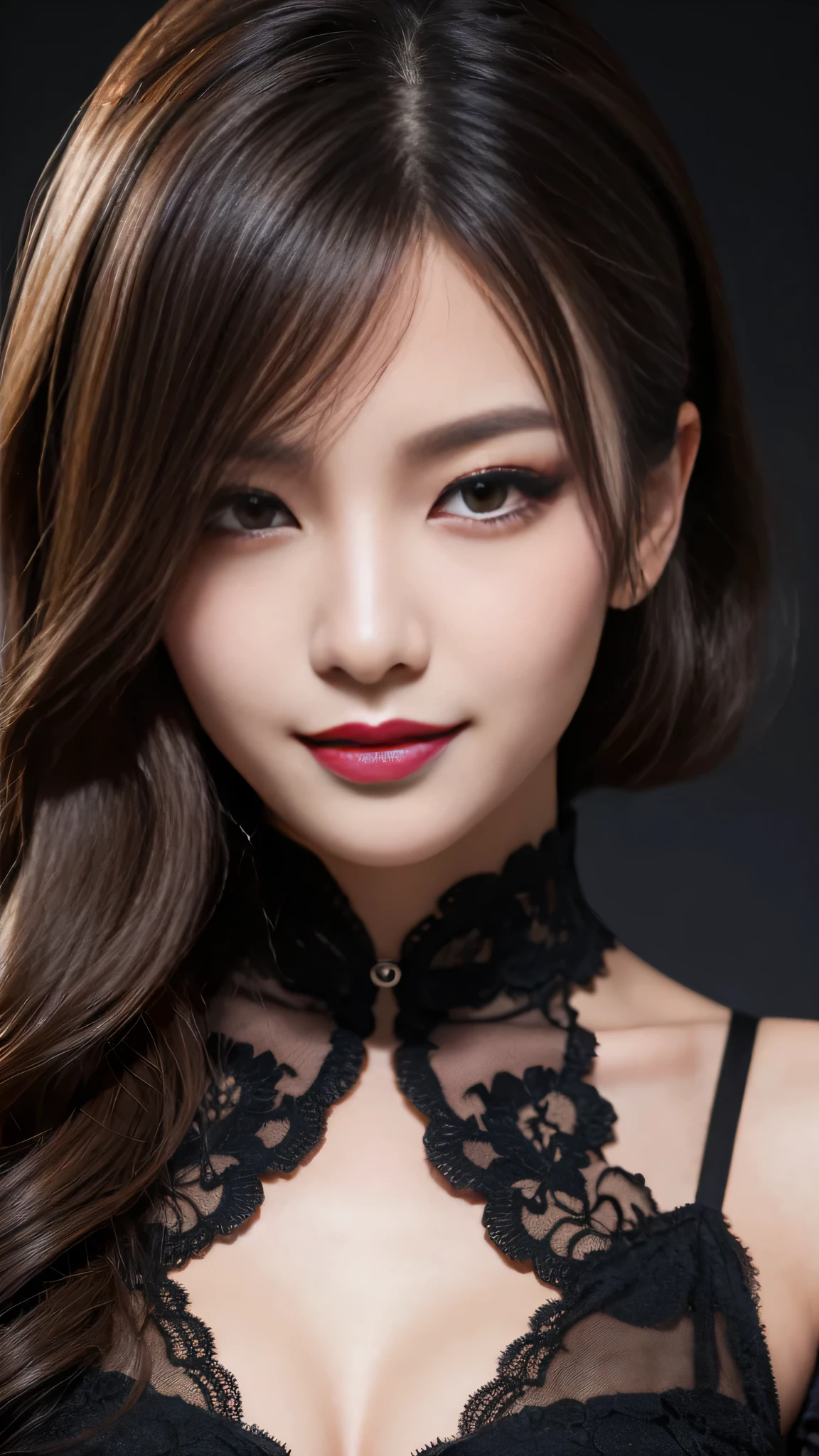 25-year-old Korean, Beautiful Face, smile, K-POPアイドル, （Completely naked），（nsfw）、Black Eye Shadow、Black lipstick、Goth