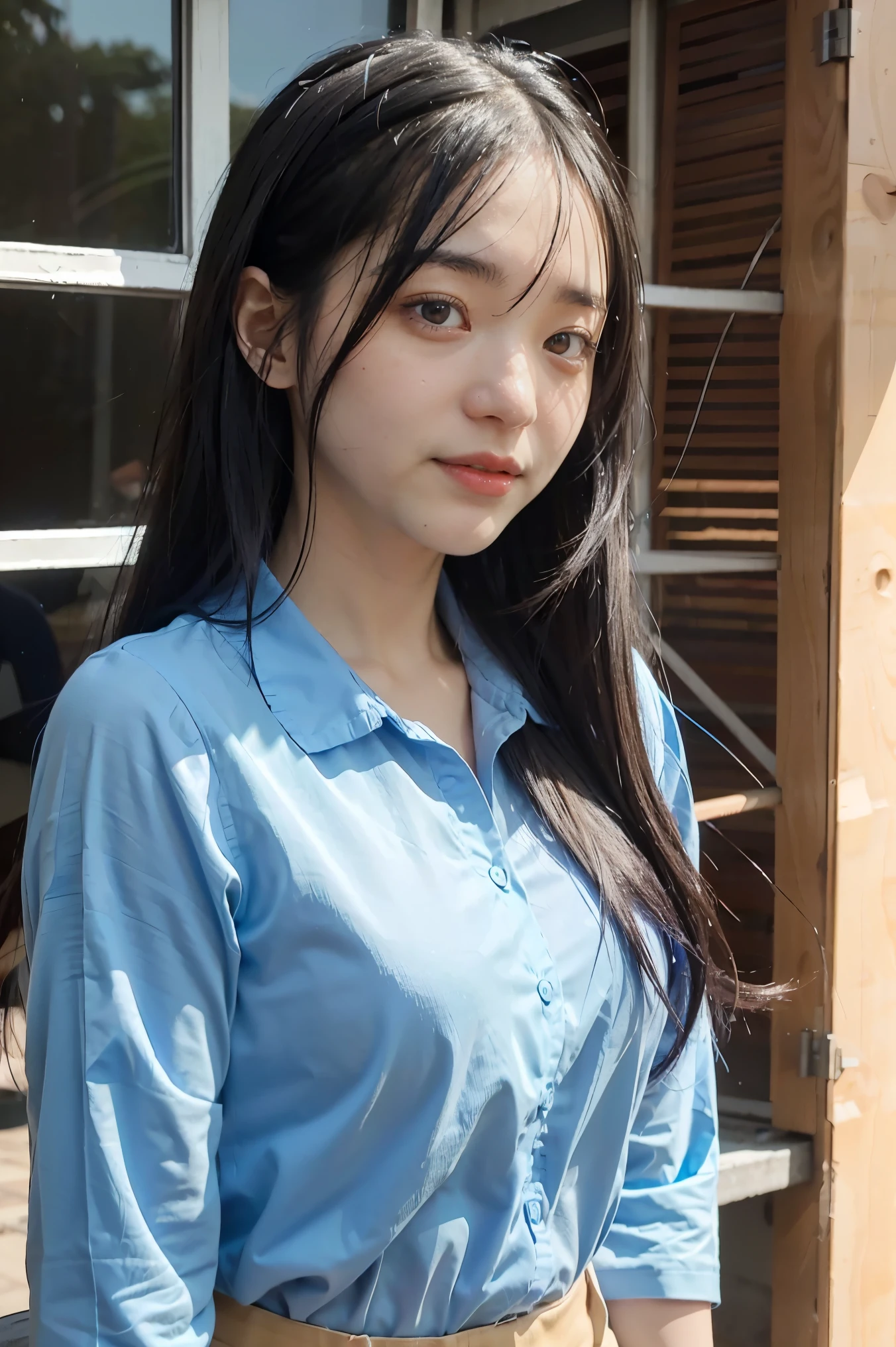 masterpiece, 1 beautiful girl, detailed eyes, puffy eyes, best quality, ultra high definition, (reality: 1.4), original photo, 1Girl, cinematic lighting, smile, Japan, asian beauty, korean, neat atmosphere, super beautiful, little young face, beautiful skin, slender, cyberpunk background, (ultra realistic), (high resolution), (8k), (very detailed), (best illustration) , (beautiful and detailed eyes), (super detailed), (wallpaper), (detailed face), look at the viewer, fine details, detailed face, pureerosfaceace_v1, smile, 46-point diagonal bangs, facing straight ahead, neat clothes, black colored eyes, hair wet in the rain, clothes (fashionable plain folding collar irregular shirt feeling date dress), body facing forward,