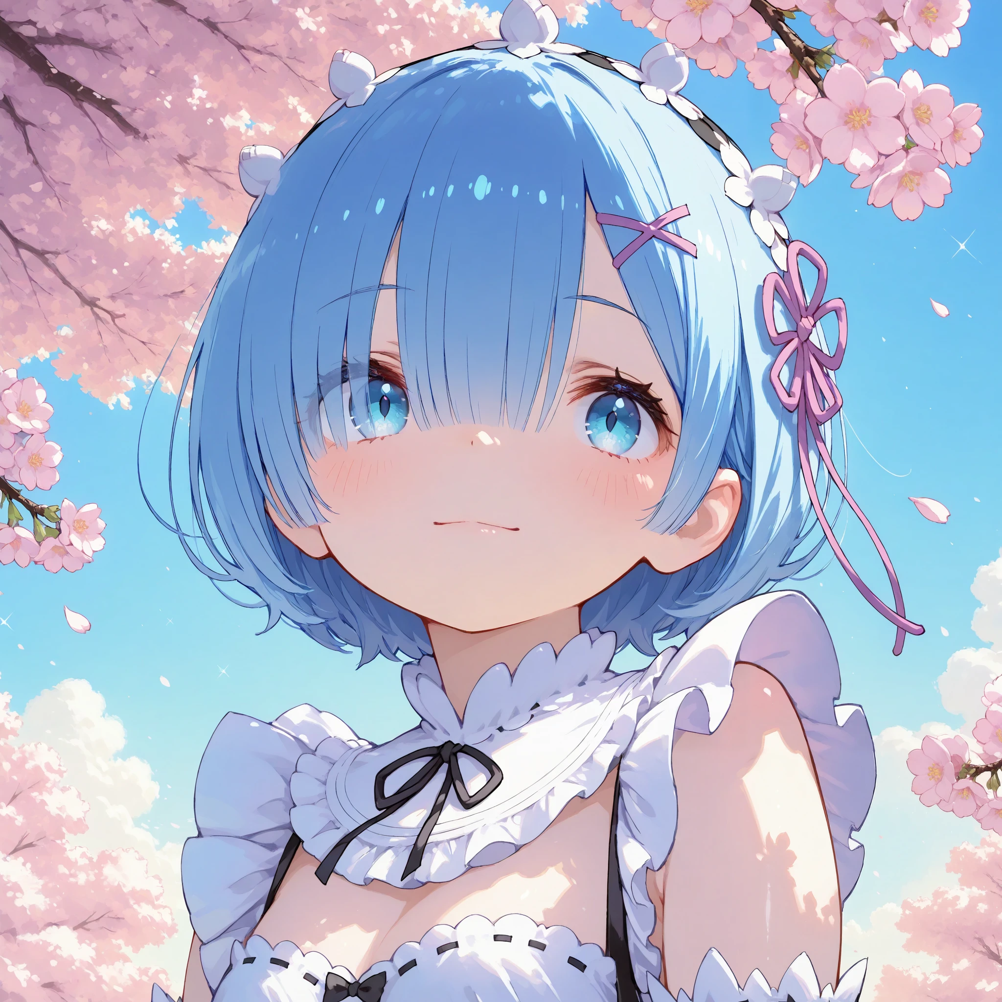 masterpiece, best quality, ultra-detailed,iro_mugen_illu,trk,Cute 1girl\(rem \(re:zero\),cyan eyes,light smile,shiny skin\),(dynamic pose:0.25) ,A soft, pastel-colored spring background filled with blooming cherry blossoms gently swaying in the breeze, delicate pink petals drifting through the air, a bright blue sky with fluffy white clouds, warm sunlight filtering through the branches, a tranquil garden path lined with vibrant flowers, subtle sparkles of light enhancing the dreamy atmosphere.
,masterpiece, best quality, 8k, highres, ultra-detailed,HDR, UHD, professional, vivid colors