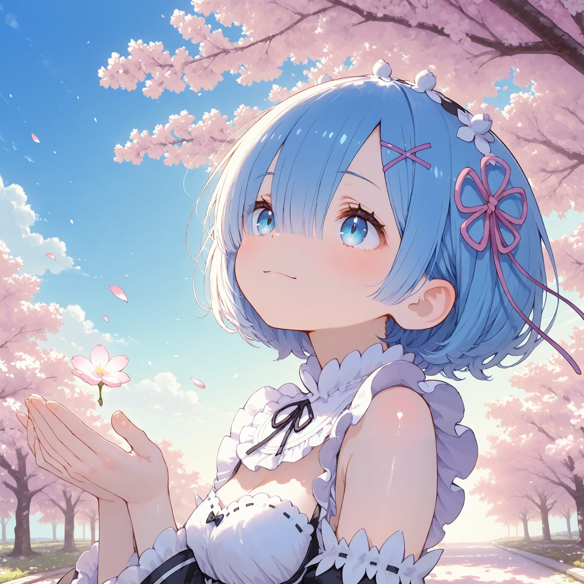masterpiece, best quality, ultra-detailed,iro_mugen_illu,trk,Cute 1girl\(rem \(re:zero\),cyan eyes,light smile,shiny skin\),(dynamic pose:0.25) ,A soft, pastel-colored spring background filled with blooming cherry blossoms gently swaying in the breeze, delicate pink petals drifting through the air, a bright blue sky with fluffy white clouds, warm sunlight filtering through the branches, a tranquil garden path lined with vibrant flowers, subtle sparkles of light enhancing the dreamy atmosphere.
,masterpiece, best quality, 8k, highres, ultra-detailed,HDR, UHD, professional, vivid colors
