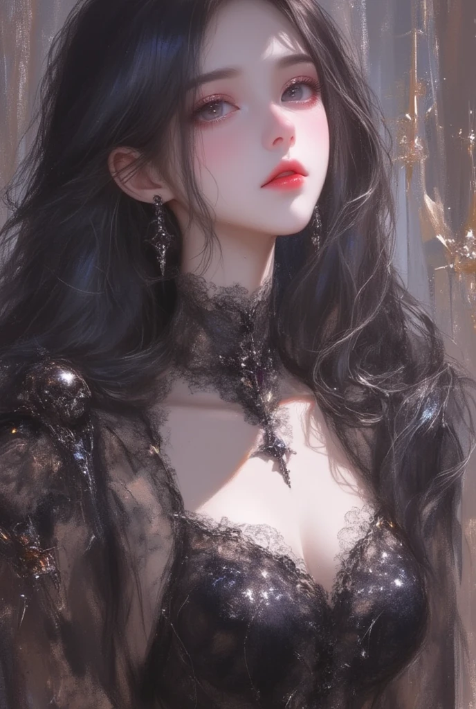 1girl, Single, Long goth dress, Black hair, red lips, Close-up, Looking at the viewer, Tafah, Best quality, Top quality, Very detailed, Professional illustration, Animation, Official art, Beautiful and aesthetic, Detailed background, He hires
