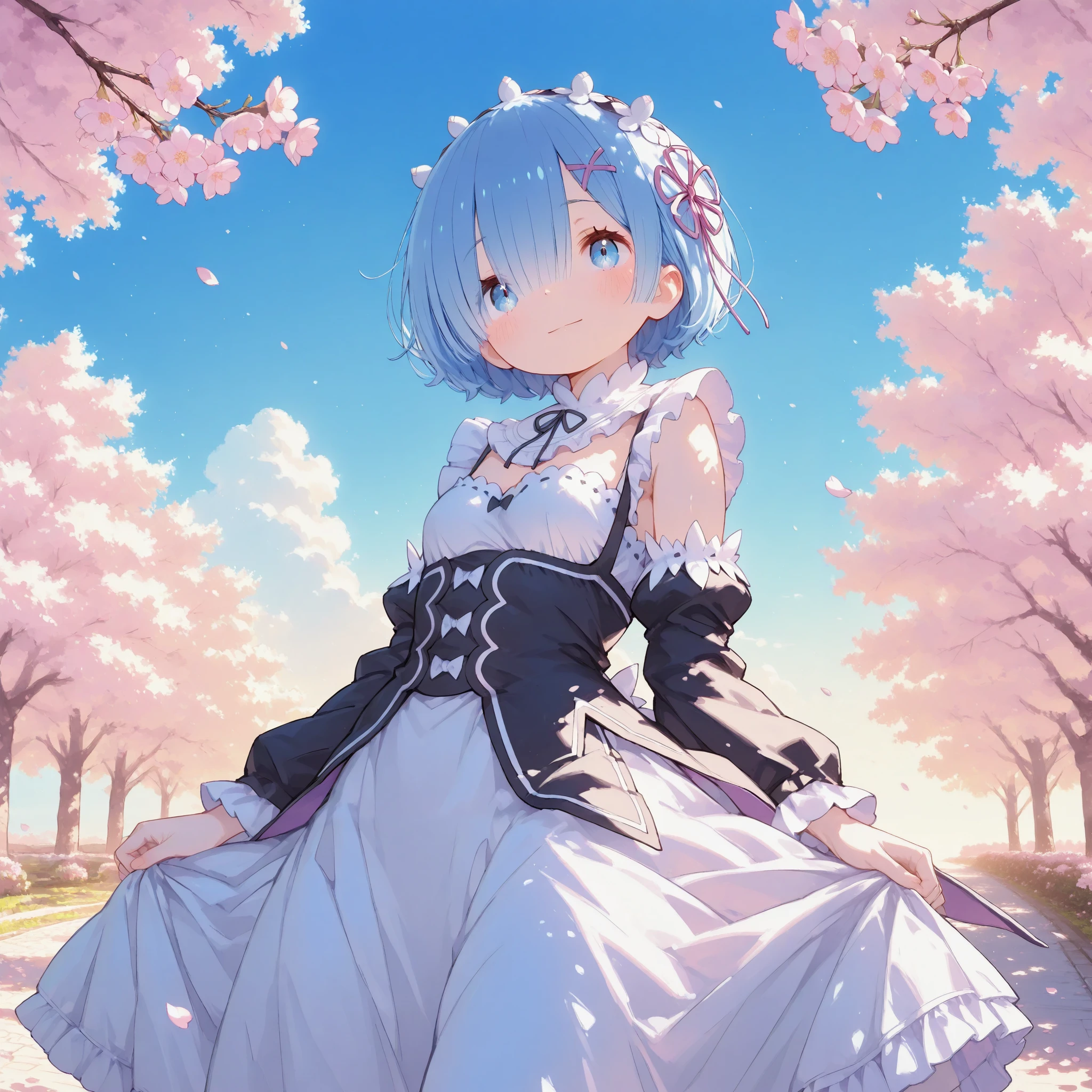 masterpiece, best quality, ultra-detailed,iro_mugen_illu,trk,Cute 1girl\(rem \(re:zero\),cyan eyes,light smile,shiny skin\),(dynamic pose:0.25) ,A soft, pastel-colored spring background filled with blooming cherry blossoms gently swaying in the breeze, delicate pink petals drifting through the air, a bright blue sky with fluffy white clouds, warm sunlight filtering through the branches, a tranquil garden path lined with vibrant flowers, subtle sparkles of light enhancing the dreamy atmosphere.
,masterpiece, best quality, 8k, highres, ultra-detailed,HDR, UHD, professional, vivid colors