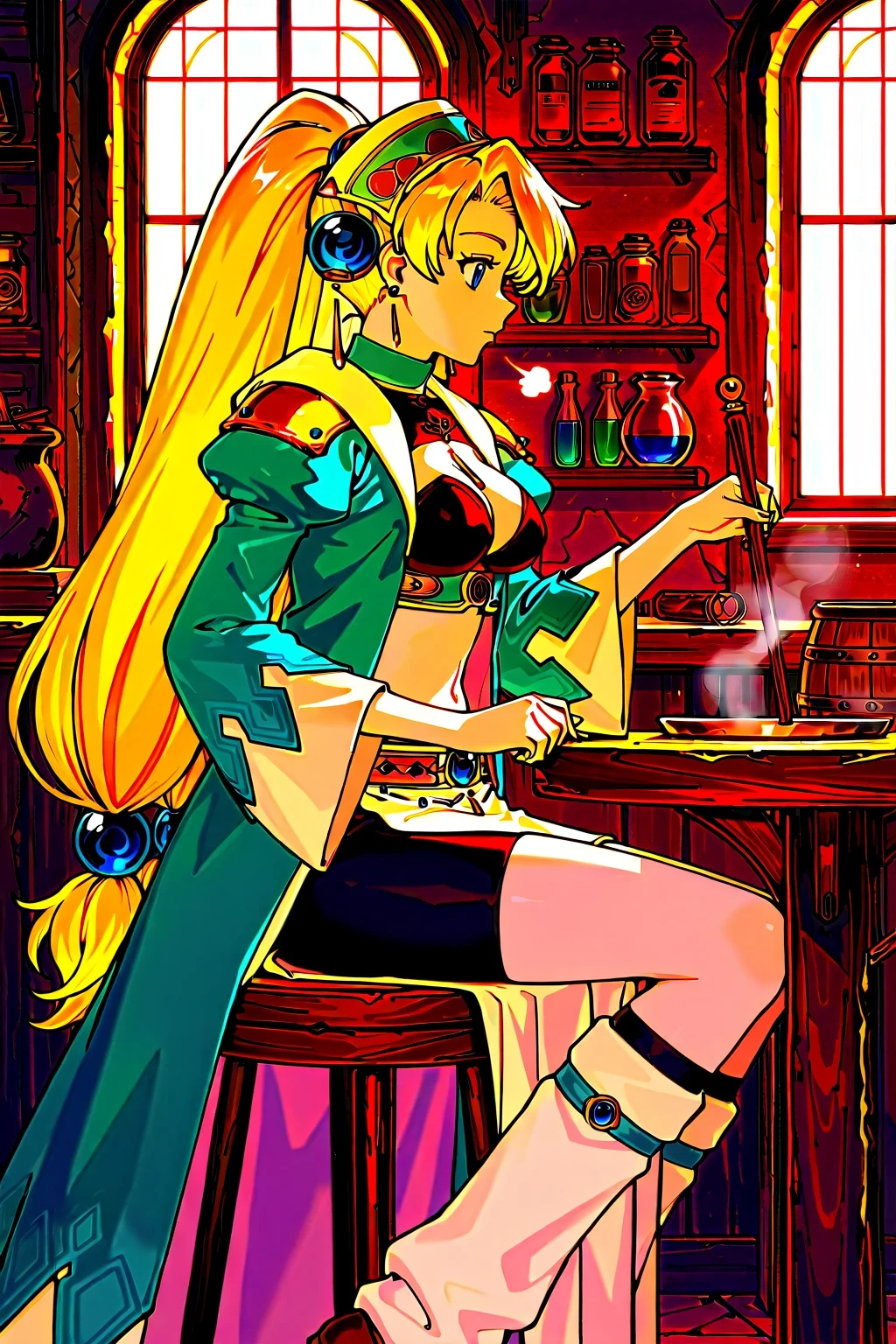 masterpiece,highest quality,Super detailed,32K,High resolution,an extremely delicate and beautiful,Official Art,Perfect Anatomy,(solo:1.5), Contrasting colors,octane rendering,Fully painted,anime coloring,anime screencap,Cel-shaded anime,retro artstyle,1990s \(style\),90s anime,90s anime style, perfect face,ultradeTailed eyes,beautiful,sexy,supermodel,athletic body,shiny skin,Dramatic light,(scale to fit the dimensions:1.2),
marlone, blonde hair, low-tied long hair, tri tails, asymmetrical bangs, tri tails, hair ornament, headdress, jewelry, blue eyes, earrings, long sleeves, wide sleeves, green coat, open coat, midriff, crop top, cleavage cutout, loincloth, bike shorts, leg warmers, brown footwear, ((stirring:1.25)), looking_at_viewer,face_focus,fantasy,indoor,test tube,flask,smoke,window_,scenery,laboratory equipment,alchemy,barrel,profile,looking ahead,sigh,