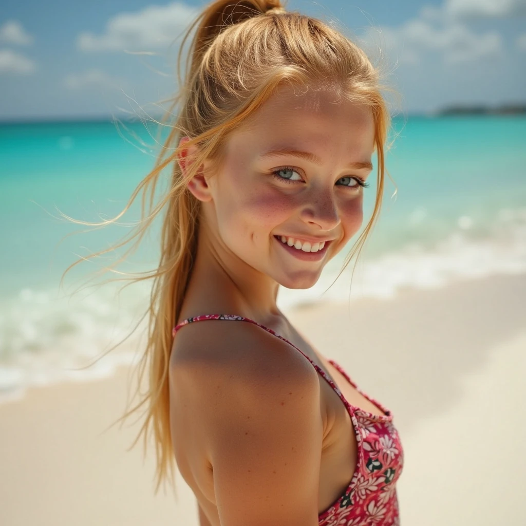 Beautiful, young white teen, blonde hair, (no hair on body), brightly smiling, wearing pink string bikini, laying on a towel at the beach, (picture emphasizes her innocence), perfect lighting, (extreme facial detail), (8k), (wallpaper)