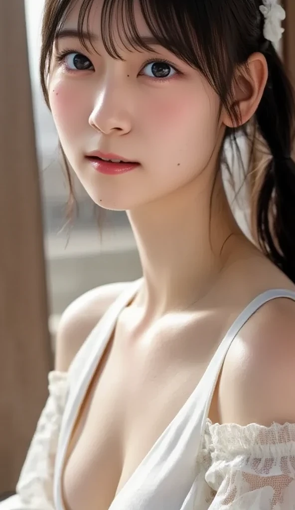 ((masterpiece, top quality, high definition)), 1 girl, (photorealistic: 1.4), solo, white background, snow-white background, mouth closed, happy smile, happy smile, pretty black hair, short hair, big eyes, clear double eyelids, eyelashes, ears out, long neck, long neck, absolute area, ((face close-up)), (drawing all head, shoulders), 19 years old, Attractive proportions, shiny skin, clean collarbone, golden ratio face, perfect face, teardrop mole, mole on chest, bangs, clean bangs, lip gloss, pale lips, pale skin, naked, big breasts, small face, small face, draw all head, draw all shoulders, from side, gaze staring at the camera