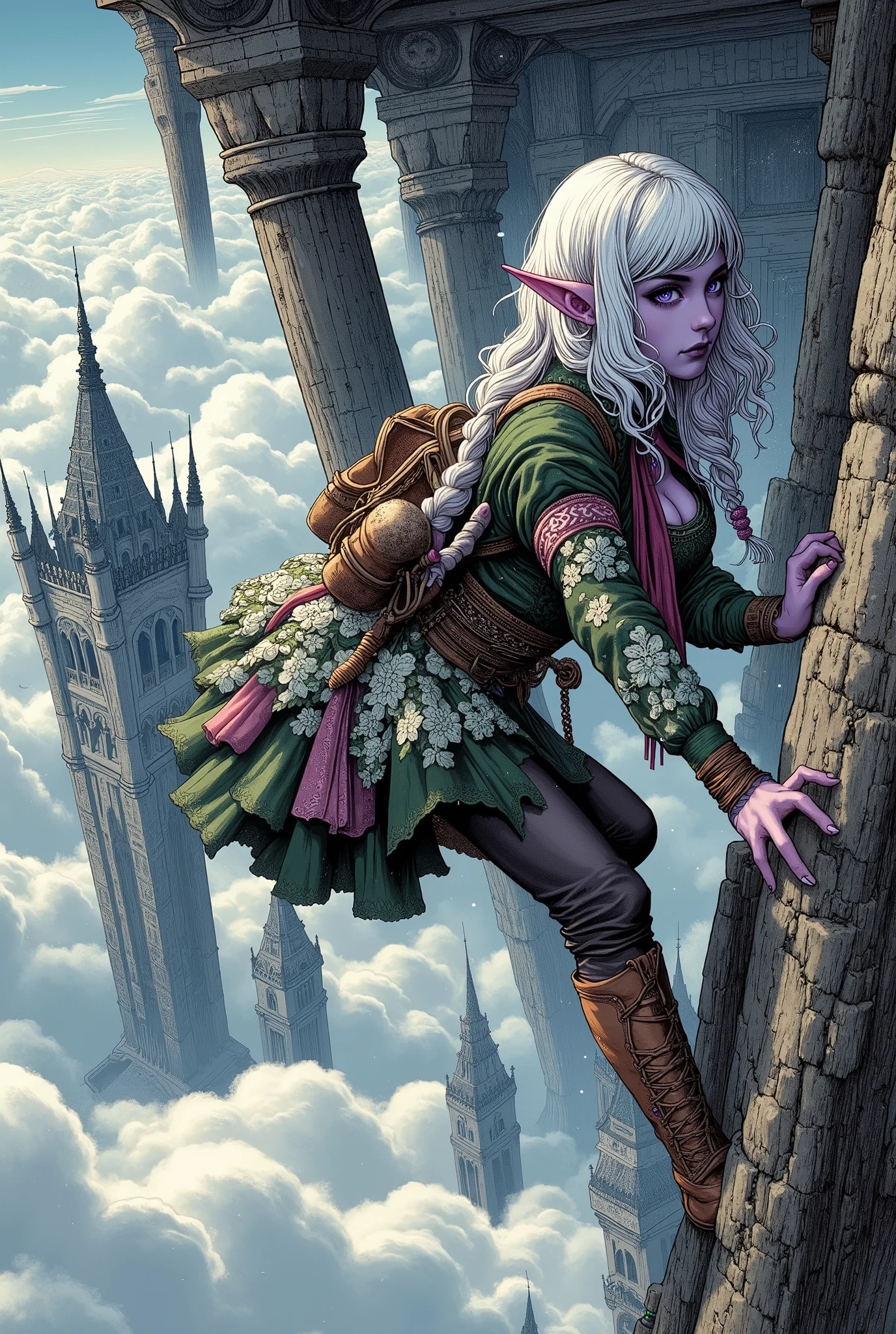 (Ultra-detailed face, Looking away, Gothic Illustration, Dark tone colors. She has five fingers on her hands and five toes on her feet.), BREAK
(Stratosphere above the clouds. The air glistens with diffused reflections of the sun's rays. Water droplets are frozen, and needle-like snowflakes are falling sideways in a sideways gale.), BREAK
(A female dark elf treasure hunter stretches her limbs up an overhanging cliff, roped to the beams of a crumbling building on the underside of a huge floating city built of stone like a labyrinth far in the stratosphere, far in antiquity.), BREAK
(She has pure white hair, pure white eyebrows, blunt bangs, very, very long messy wavy hair, small pink lips, lavender eyes, dark purple skin, and thick eyeliner. Her hair is braided with colorful beads.), (She wears a young grass-colored lace ribbon tie, a tight layered dress of dark green silk with layers of silk fabric embroidered with pure white lilies, and soft leather boots. She carries a small soft felt backpack.)