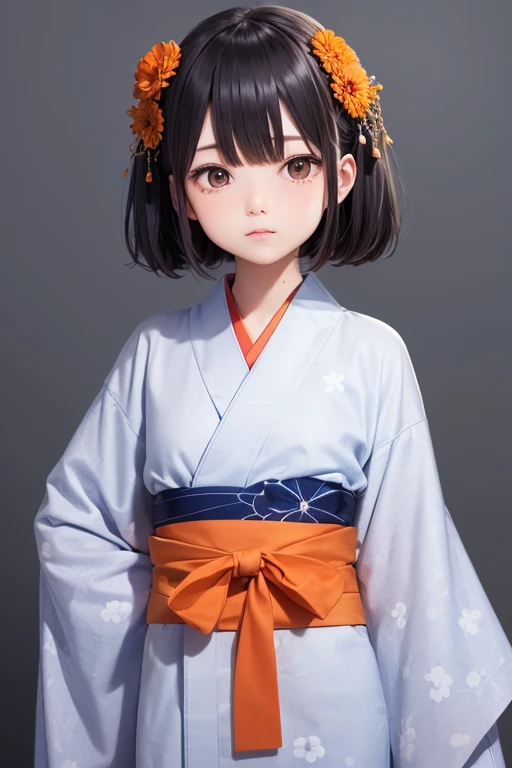 highest quality, High resolution, Super detailed, anatomical, exact ratio, 1 girl, small, young girl, round face, smile, healthy skin, shiny skin, glowing skin, black hair, full body shot, short kimono