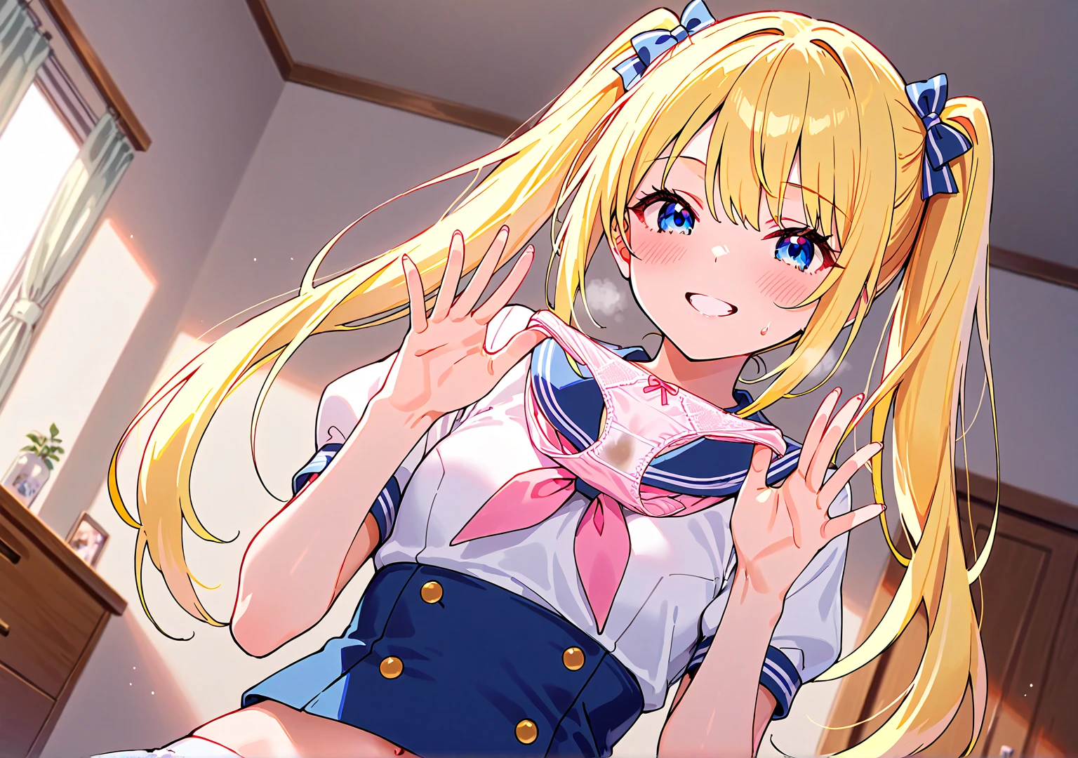 Beautiful long blonde hair open your legs high school girl pleated skirt shyness ahegao eager pet pose stick out your tongue blue eyes Tears are overflowing from the eyes chain leash No panties collar viewer holding leash