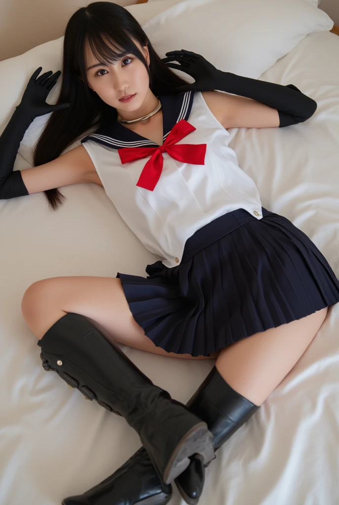 Girl with long black hair, eyes clear, upper body is in uniform, lower body is undressed, lower body is undressed, legs spread on the beach