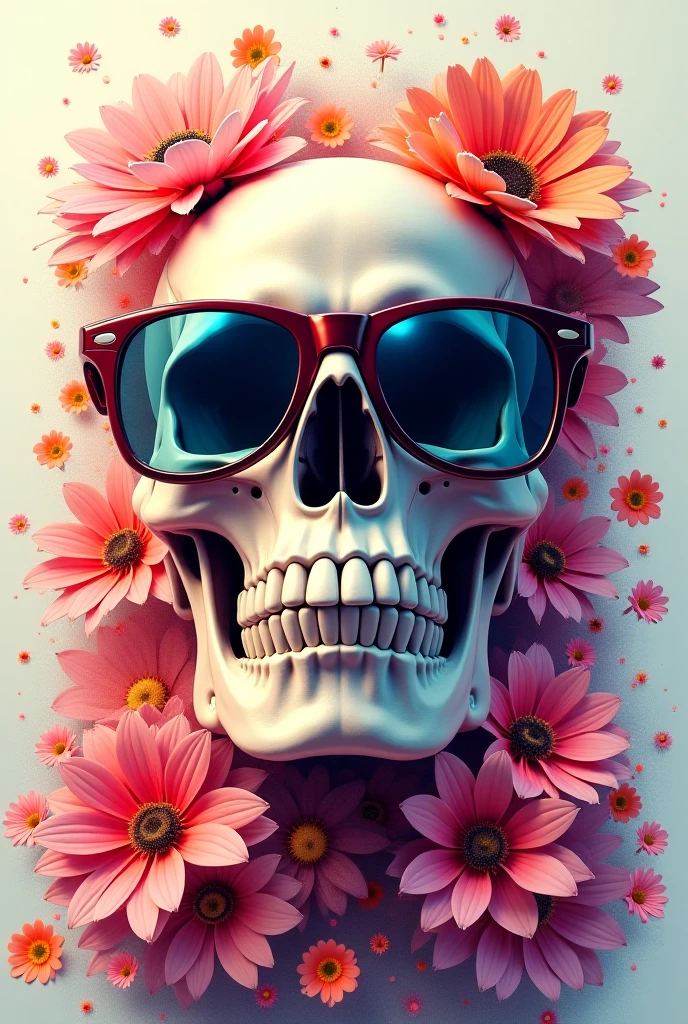 A detailed illustration a Dead Skull wearing trendy sunglasses, t-shirt design, flowers splash, t-shirt design, in the style of Studio Ghibli, pastel tetradic colors, 3D vector art, cute and quirky, fantasy art, watercolor effect, bokeh, Adobe Illustrator, hand-drawn, digital painting, low-poly, soft lighting, bird's-eye view, isometric style, retro aesthetic, focused on the character, 4K resolution, photorealistic rendering, using Cinema 4D
