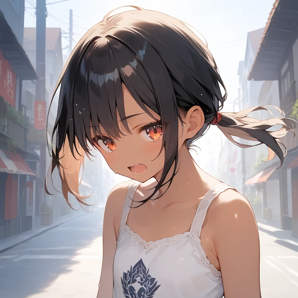 ((Masterpiece)), ((best quality)), ((kawaii)), ((extremely detailed)), (sketch:0.3), (RAW photo:1.2), (8K), (High Definition:1.3), (Professional Photography:1.2), cinematic lighting, (very aesthetic:1.2), (absurdres:1.2), (sharp focus), (perfect light), ((12 years old)), from above, Pale brown hair, messy medium hair, (slightly exposed small breast), Beautiful collarbone, (Dirty loose camisole), oversized white camisole, barearms, Slender body, ((Holding camera in hands)), Sweaty skin, dark brown eyes, (Unfocused eyes), (open mouth wide), fang out, ((innocent smile)), Textured skin, (Cat ears), Cute Beautiful Girl, BREAK, ((best quality)), (Walking on the harbor of the slums),