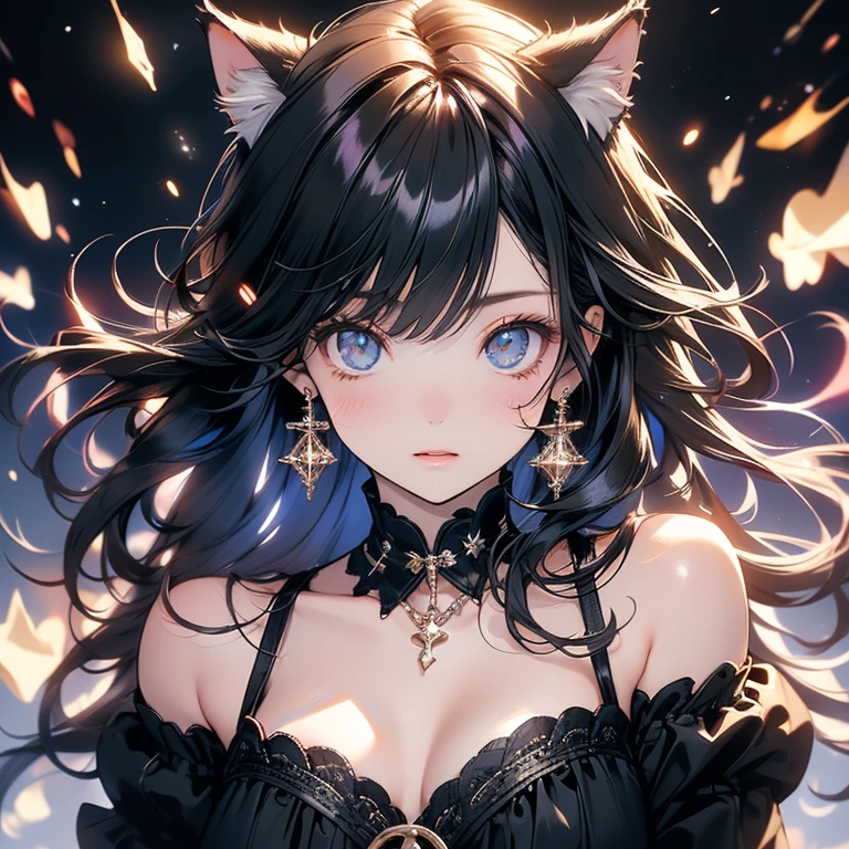 Woman round face, black eyes, long smooth black fur
