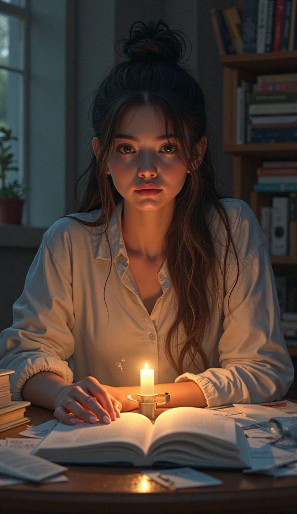 "A girl studying at a desk late at night, with books scattered around her, and a candle or lamp lighting up her focused face."