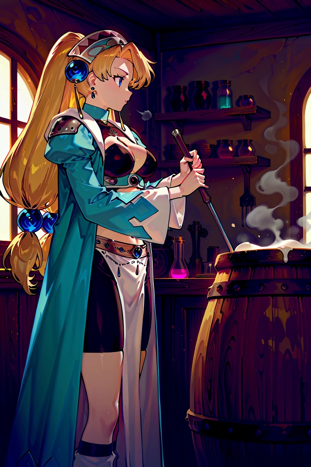 masterpiece,highest quality,Super detailed,32K,High resolution,an extremely delicate and beautiful,Official Art,Perfect Anatomy,(solo:1.5), Contrasting colors,octane rendering,Fully painted,anime coloring,anime screencap,Cel-shaded anime,retro artstyle,1990s \(style\),90s anime,90s anime style, perfect face,ultradeTailed eyes,beautiful,sexy,supermodel,athletic body,shiny skin,Dramatic light,(scale to fit the dimensions:1.2),
marlone, blonde hair, low-tied long hair, tri tails, asymmetrical bangs, tri tails, hair ornament, headdress, jewelry, blue eyes, earrings, long sleeves, wide sleeves, green coat, open coat, midriff, crop top, cleavage cutout, loincloth, bike shorts, leg warmers, brown footwear, ((stirring:1.25)), looking_at_viewer,face_focus,fantasy,indoor,test tube,flask,smoke,window_,scenery,laboratory equipment,alchemy,barrel,profile,looking ahead,sigh,