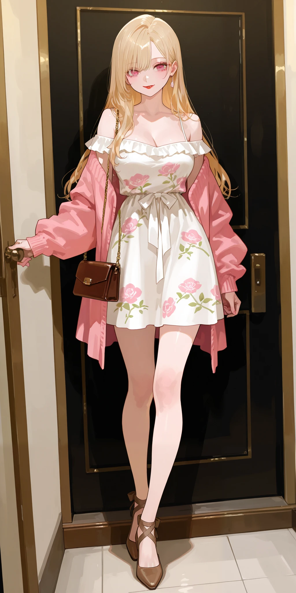 An extremely beautiful woman with blonde hair. She has extremely fair white natural skin, red plump candy lips, big pink eyes, and a perfect slim-slender body. She's only wearing a short pink floral dress with spaghetti straps, an oversized light-brown front-open sweater worn in an off-shoulder style, and brown heels. She's standing straight, holding a purse, with a beautiful kind smile, and a road and three creepy men in the distance in the background. Show her full body.