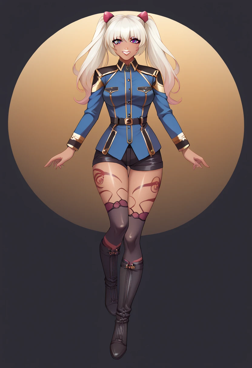 masterpiece, gift, best quality, shadow, sidelights in the form of drops,
All Kushan , , , Dual Weeding, Motion Line,
1 girl, dark-skinned woman, Alone,
viewers, , parted lips, smile, happy,
twin tails, long hair, purple eyes, Thick lips, White lips,
body paint military uniform,, long sleeve, laced knee-highs, belt, absolute region with to,
curved, thighs,
abstract background, full body tattoo
