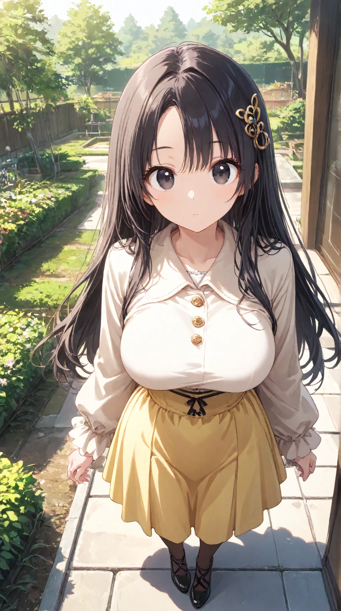 (high quality, High resolution, The finer details, Realistic), Long Wavy Hair、Dark brown hair、Earrings、Modest necklace、off-the-shoulder white shirt,Light yellow flared skirt, Clear skies, Strong sunlight, alone, Adult female, Sparkling eyes, smile, blush, Large Breasts, Oily skin, Shallow depth of field、Puffy nipples、Leaning forward to emphasize your breasts、Hold the skirt with your hands Skirt Fuwari、big、on board