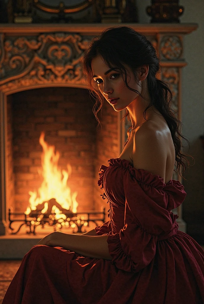 (Masterpiece.UHD.photorealistic) A candle-bearing ultra hot gorgeous European woman. Age 23. epic cleavage (100e size), full red lips. Off shoulder dress. detailed portrait, beautiful eyes, full lips, long eyelashes, random hair color. intricate hairstyle, elegant dress, dramatic lighting, soft warm colors, renaissance style, perfect hands, perfect fingers.