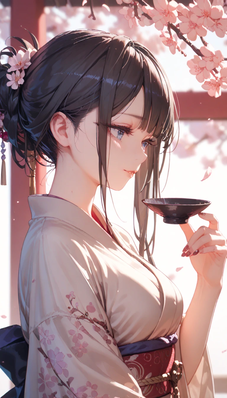 A woman in a white yukata pouring sake for us、profile、Sexy cleavage、Soft Light、Skewers、sashimi、Backlight、Dark interior、Old furniture、Adult face、blush、Around 40、Half-open eyes、Intricate drawing