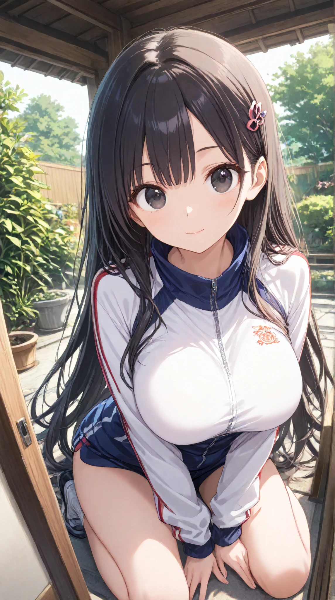 masterpiece,large breasts, long hair, (Black Hair 1.5) , bangs, （1 girl 1.5）,big eyes, Hair Ornaments , 18 years old、bust focus、watching viewers，full body,,cheerful, 、、、garden,track jacket