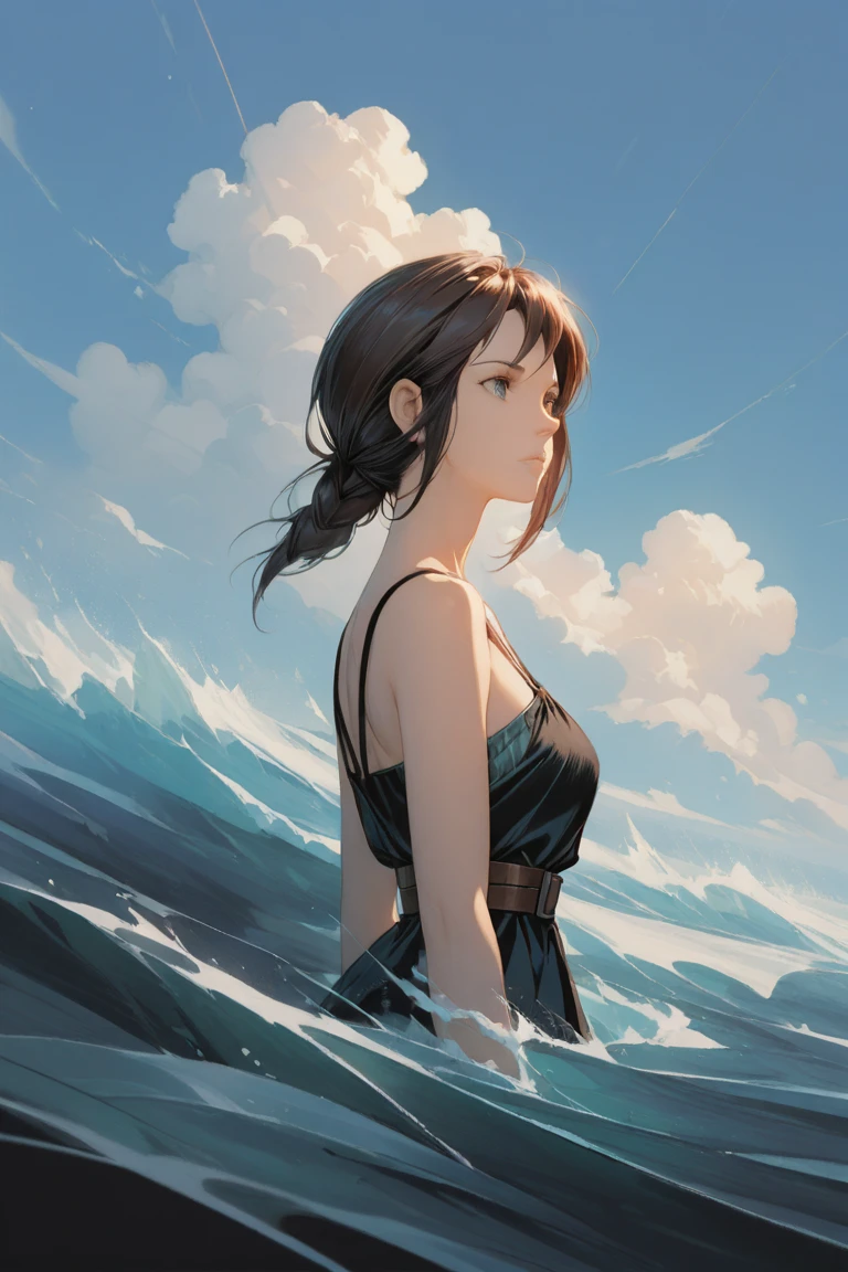 a woman solo of a young woman with short black hair, wearing a red hood and green sweatshirt, standing at the edge of a cliff looking out at the water at the water, The woman has black hair and blue eyes, The woman is wearing a flowing white dress, The girl has dark brown hair and her eyes closed, She is wearing a flowing white dress, One of the other is blowing in the air, The couple is bent and her hands, The girl is behind her, and her