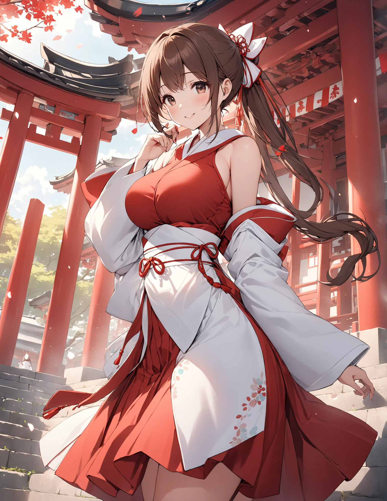 BREAK Perfect Anatomy、(High resolution:1.2)、Incredible illustrations、(Cute illustrations:1.2)、(nfsw)
(cinematic angle,solo focus,) （Beautiful background（Shrine grounds),
  1girl(brown hair,twin tails, tanned skin: 1.3) 1girl((a girl,slender 1.7meters, 45kg,   (Shrine maiden costume (white coat, scarlet hakama, tabi)(see through,bondage,oversized clothes), lingerie), (netorare,intercourse with a man,grabbing another’s breast)
