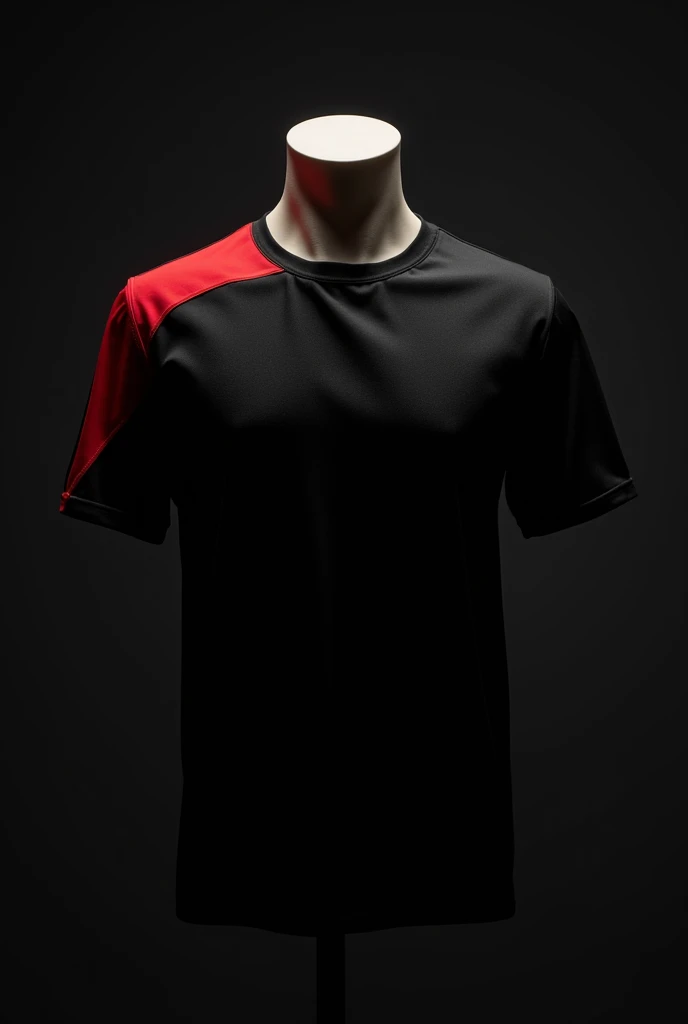 Design a men's football jersey, Black jersey with short sleeves and V-necks, that the fabric at the end of the sleeve is red. seen from behind