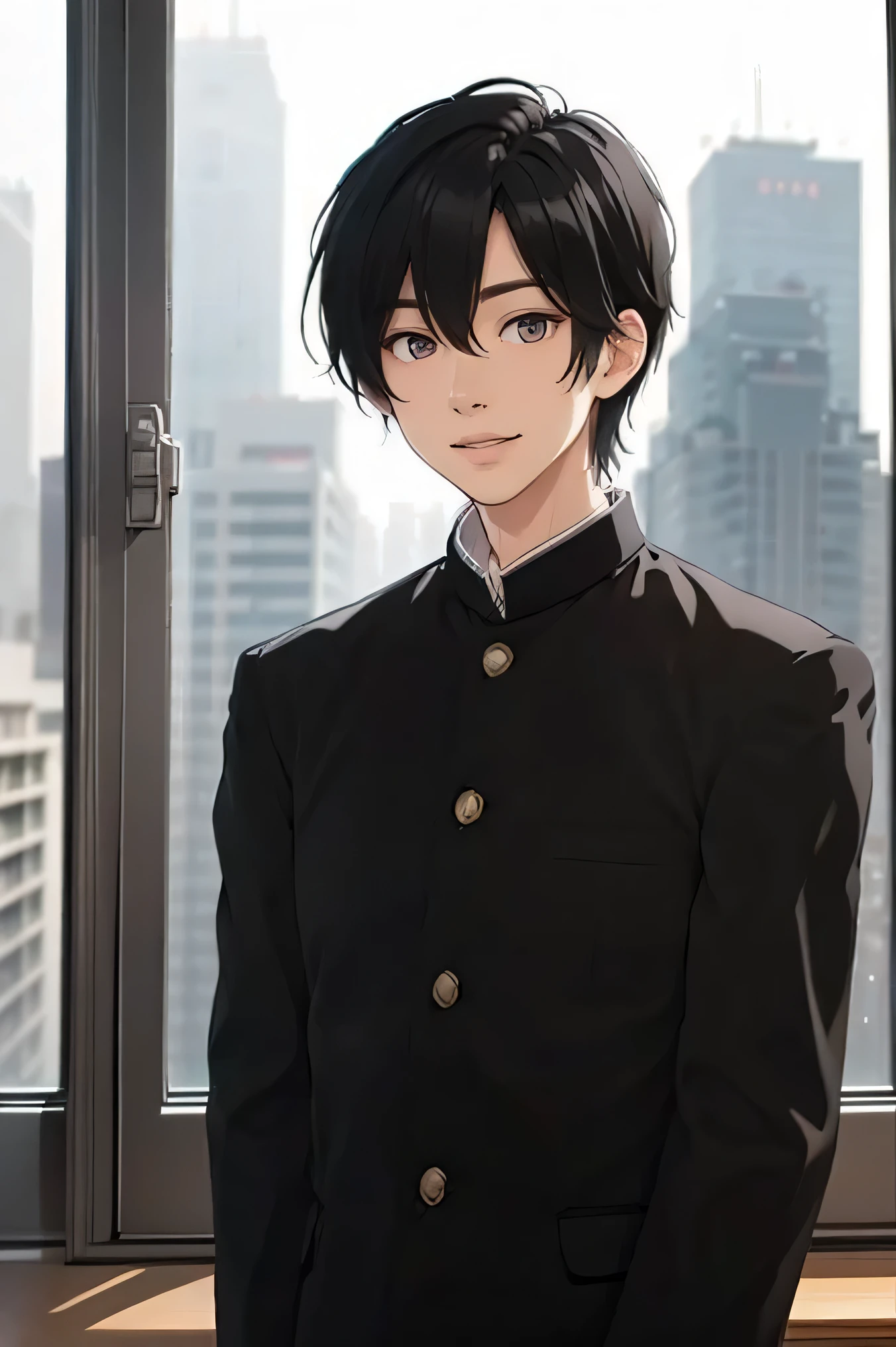 Japanese man handsome Short black hair Shaved head Shaved head adults short cropped smile In the classroom outside the window is a group of snowy futuristic urban skyscrapers Black school run school uniform Black school run sit on the desk with both hands