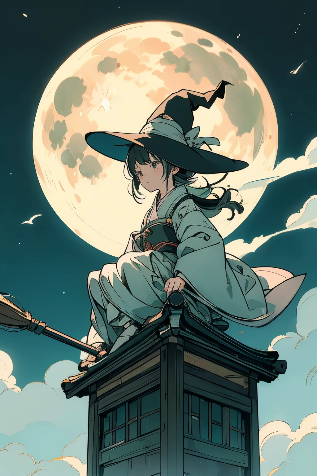 Translucent Illustration 、 Japanese anime style illustration 、 Small Shadows Seen in the Distance 、 Shadow of a Little Witch Straddling a Broom Can Be Seen in the Distance 、green、 Dynamic Angle 、 is amazing、 Highest precision、 top quality 、 fantasy、Effective Production 、 Full Moon Seen in the Distance 、 Seaside Town Sky at Night 、 Horizontal Line、movie、 artistic、delicate、sentimental、 highlights 、 Contrast