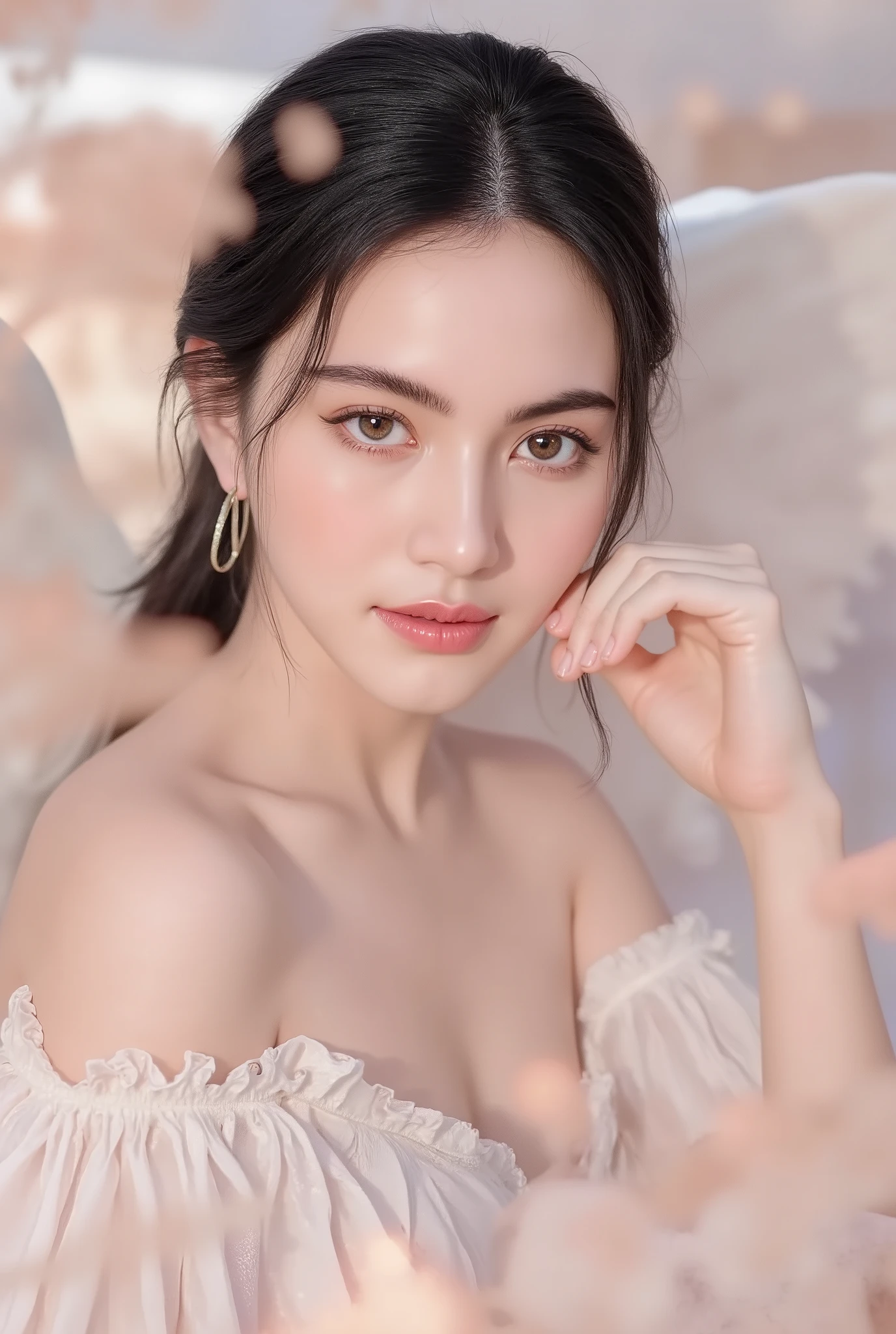 beautiful ethereal angel with large white feathered wings,lying on soft clouds. She has long,wavy black hair and wears a delicate white dress. Her expression is dreamy and elegant,with a soft glow on her skin. The scene is illuminated with a gentle pastel light,creating a heavenly atmosphere. The background is a soft gradient,enhancing the angelic and surreal aesthetic. Her pose is relaxed,with one hand resting on her cheek and the other on the clouds. Ballet pointe shoes add a touch of grace to her appearance. Ultra-detailed,cinematic lighting,soft focus,fantasy photography style, professional photograph, masterpiece, 16K, UHD, RAW, ultra detailed facial features, ultra realistic.
