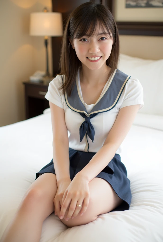 Cute school girl　Sitting　smile　photograph　whole body　bed　Highest quality