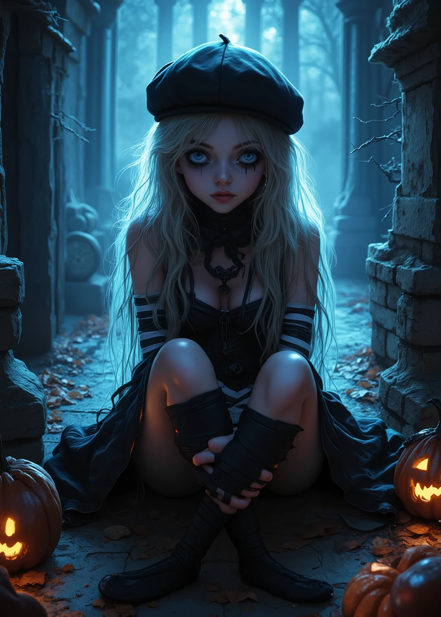PonyScores7, Dark background, cartoon, MyNewFantasy, Dark Beauty , Alone, blonde girl, old zombie, red makeup rubbed around my eyes, Black and white striped outfit, bandage, Wrapped, (Ghost:1.1), gothic meme style, Black Beret, pale skin, ICE BLUE EYES, dark eyeliner , Seated, put my arms on my lap , corset top , black gloves, pumpkin, Witch Hat, moon, Cemetery, squats , bends forward, close-up, High Angle, green,
Volumetric Light