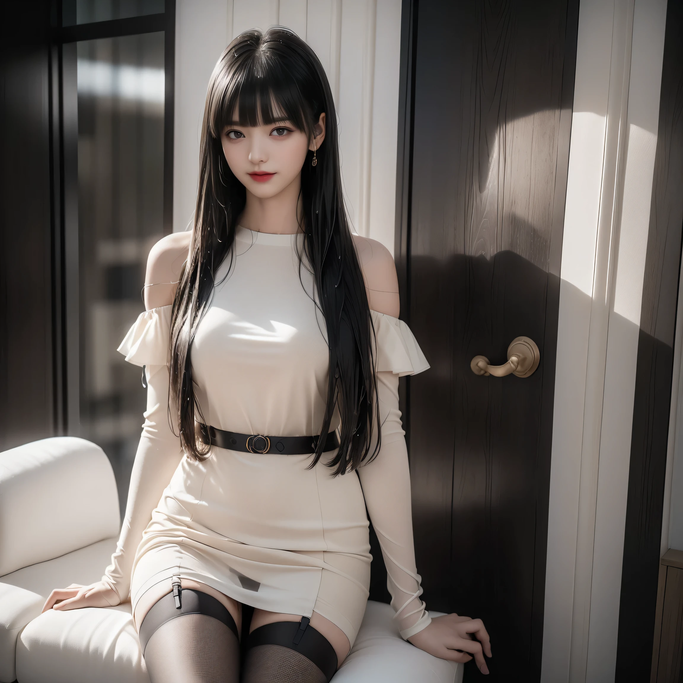 There is a woman sitting on a chair in a white dress - SeaArt AI