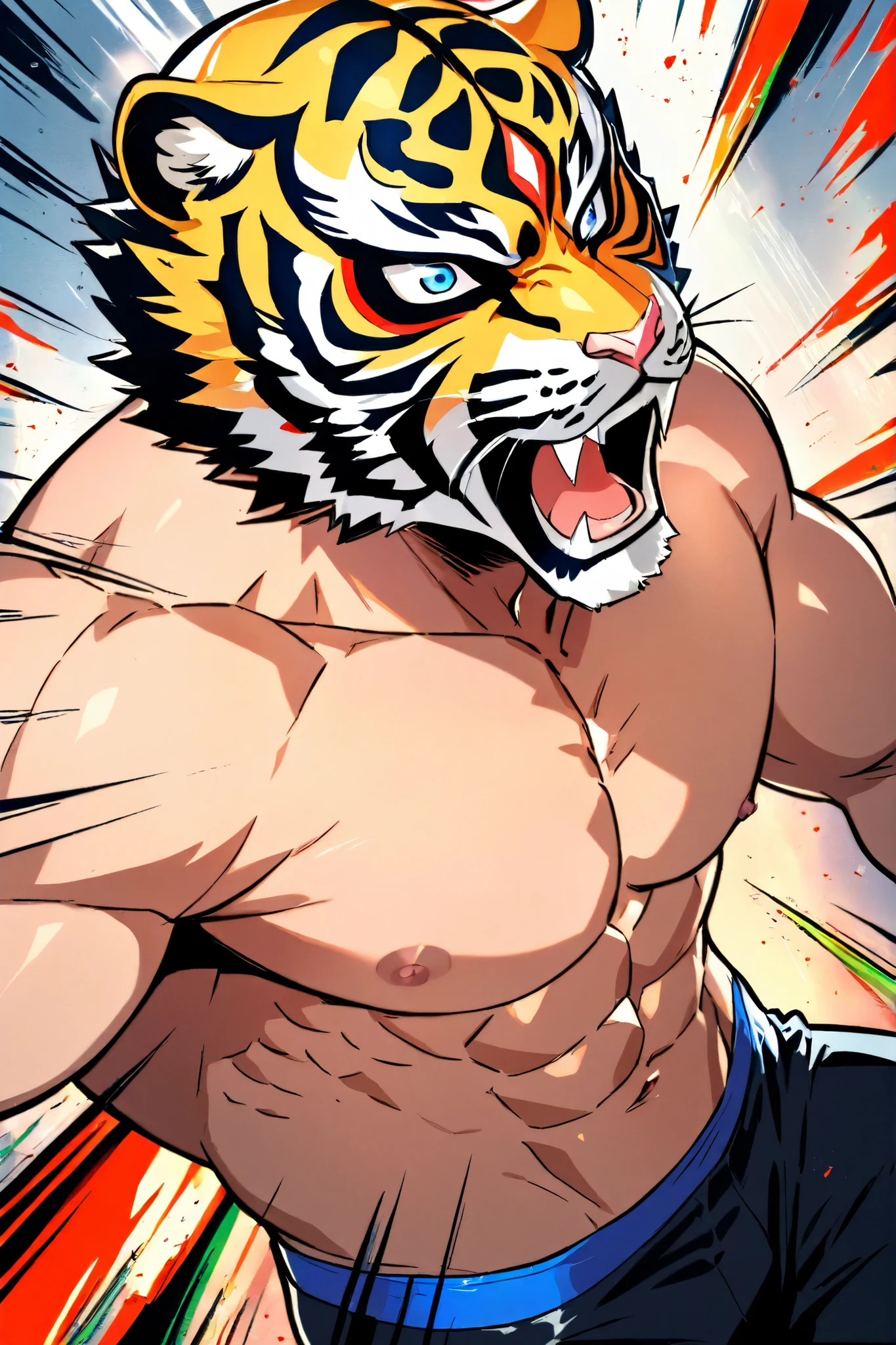 Tiger Orc,((Martial Arts Style)),(Muscle strength),bamboo hat,,(furry),Obsessed,Crotch protrusion,Bright eyes,Have eyes,Wild,Open your arms,A bold knight,Black by the wind,Showing thighs and muscles,Bright and large black pupils,Close your eyes,Eyes are clear and not blurry,Eye with pupil,high resolution, Best quality, High Detail, saliva, Blue veins, Panting, illustration,