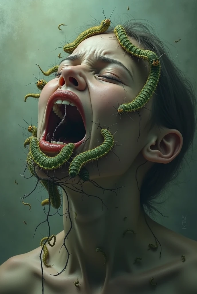 A chilling medical x-ray image revealing a long, twisted snake gradually making its way from a girl's mouth to her stomach. The snake's scales and the girl's teeth and throat are clearly visible. Her facial expression is one of terror and pain, as she struggles to comprehend the horrifying situation. The background is a stark contrast of dark and light shades, amplifying the eerie atmosphere.