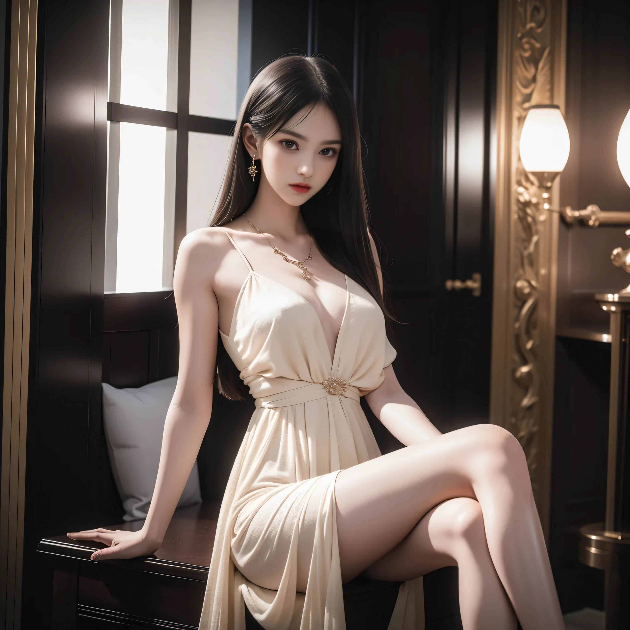short sleeves,off shoulder, dress, ((knee shot)), arapefee,  looking at camera， wear high heel shoes，Put on the crown，necklace，Smile，Shoot at random angles，beside a window, in the castle, transparency，（extra large ，1.5），Exposing cleavage，Turn around and look at the camera，masterpiece，flawless，transparency，Empty inspiration，More details and decoration，Showing thighs，Sexy slender legs, 8k，（Wear decorations such as rings，1.9），white skin，Ornate ornament，a girl，(anatomically correct，PremiumQuality, high detail, masterpiece）